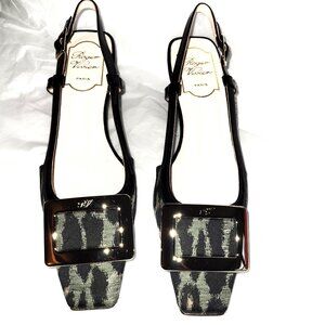 NIB! Roger Vivier Belle Black Patent/Safari Sling Back Pumps - 36.5